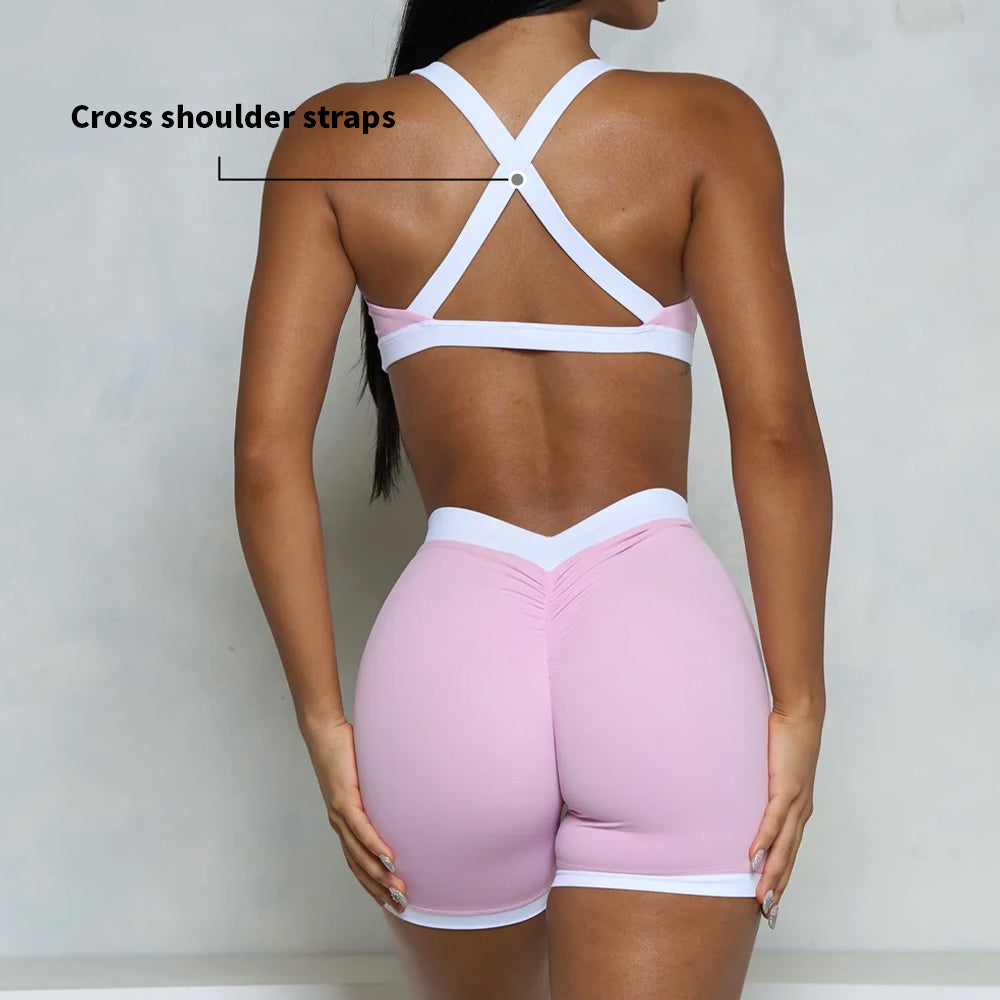 Women Sport Gym Wear Contrast Waisted V Shape Butt Scrunch Yoga Short and Bra Suits Women Workout Sets