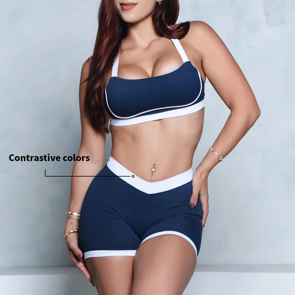 Women Sport Gym Wear Contrast Waisted V Shape Butt Scrunch Yoga Short and Bra Suits Women Workout Sets
